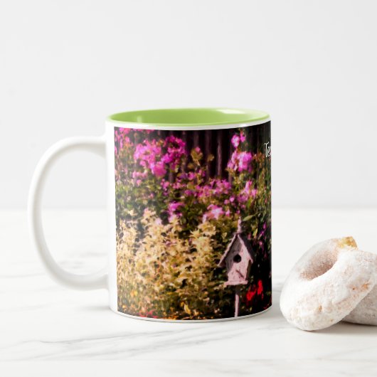 Blumengarten Vogelhaus Malerei Personalisiert Zweifarbige Tasse (Mit Donut)