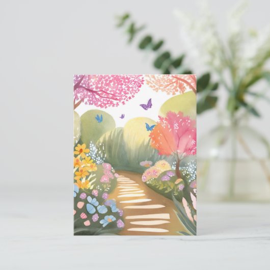 Blumengarten | Weiße Aquarellmalerei Postkarte (Stehend Vorderseite)