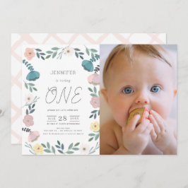 Blumengarten Weiße GIrl Foto 1. Geburtstag Einladung