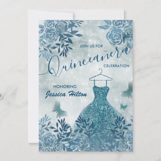 Blumengartenkleid "Blue Butterfly" Quinceañera Einladung (Vorderseite)