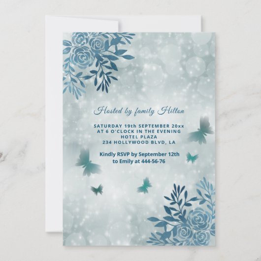 Blumengartenkleid "Blue Butterfly" Quinceañera Einladung (Rückseite)