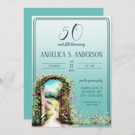 Blumengartenleuchte Aquamarin 50. Geburtstag Einladung (Vorne/Hinten)