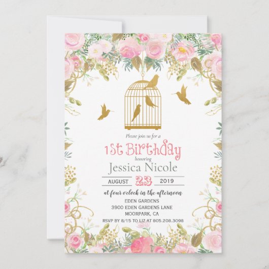 Blumengeburt 1. Geburtstag Einladung (Vorderseite)