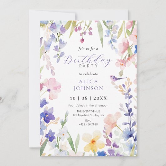 Blumengeburtstag im Wasserfarben Einladung (Vorderseite)