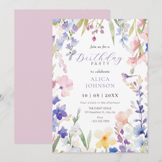 Blumengeburtstag im Wasserfarben Einladung (Vorne/Hinten)