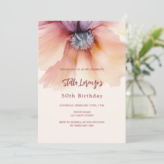 Blumengeburtstag in Pfirsichfarben Einladung (Stehend Vorderseite)