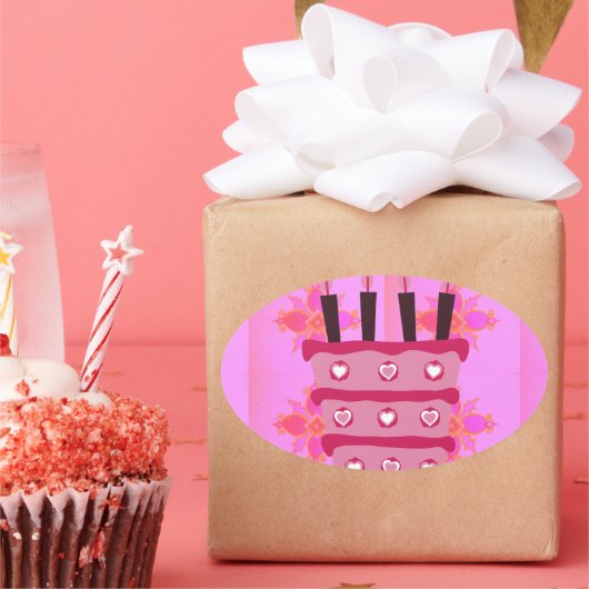 Blumengeburtstorte für Ihre/Mädchen Kunstdrucken Ovaler Aufkleber (Party)