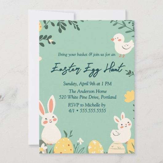 Blumengebüsch und Eier Grüne Ostereierjagd Einladung (Vorderseite)