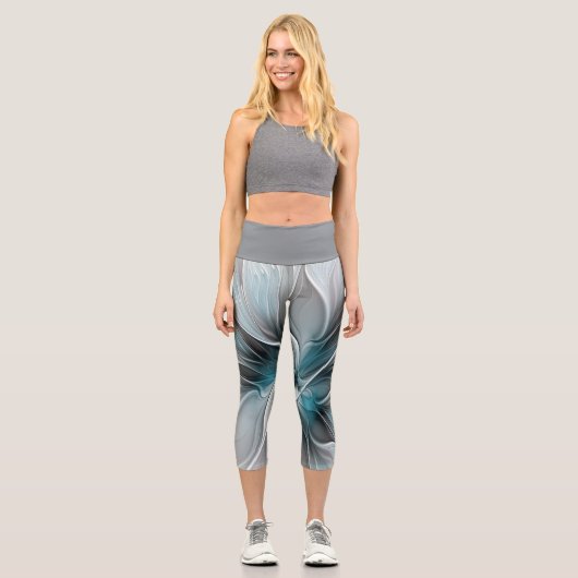 Blumengeflecht Moderne Abstrakte Blume Blau Grau Capri Leggings (Vorderseite)
