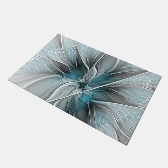 Blumengeflecht Moderne Abstrakte Blume Blau Grau Fußmatte (Schrägansicht)