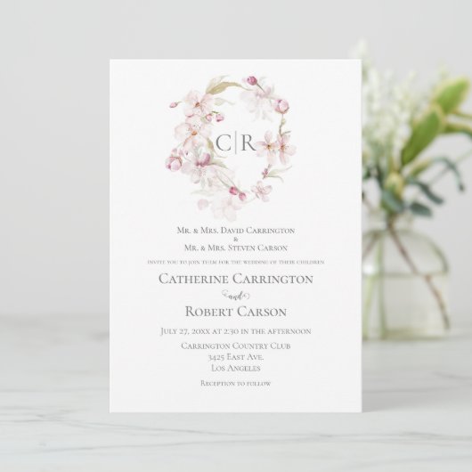 Blumengeflecht-Script-Pastel Pink-Hochzeit Einladung (Stehend Vorderseite)