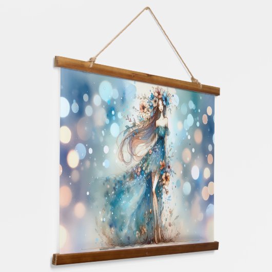 Blumengeist im Blauen Meer Elegante Wandteppich Mit Holzrahmen (Gewinkelt)