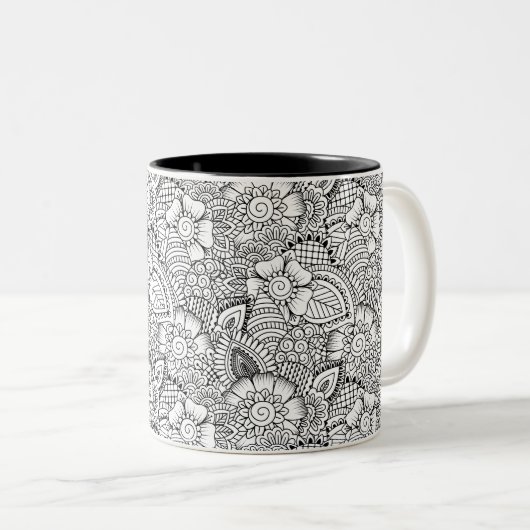 Blumengekritzel-Muster Zweifarbige Tasse (VorderseiteRechts)