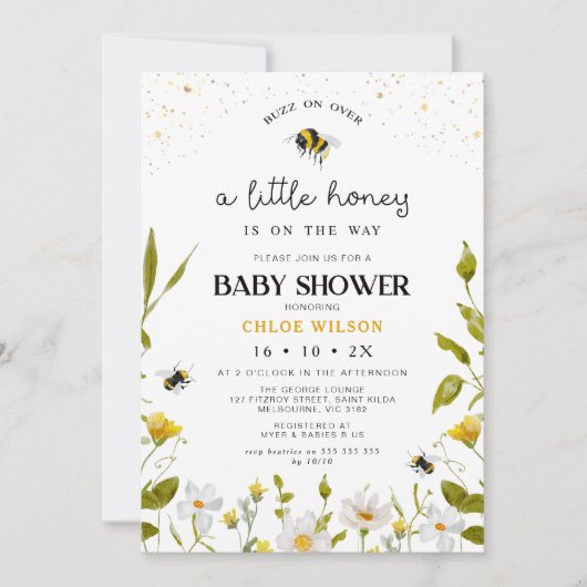Blumengelb-Gender-Neutral-Honey-Baby-Dusche Einladung (Vorderseite)