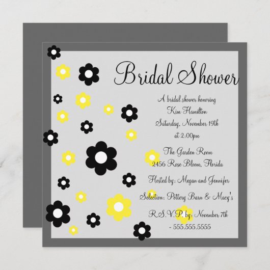 Blumengelb & Graue Brautdusche Einladung (Vorne/Hinten)
