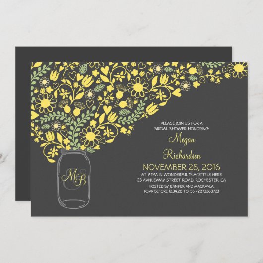 Blumengelb, graues Maurerkirsche niedliches Brautp Einladung (Vorne/Hinten)