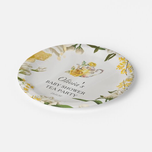 Blumengelb-grünes Tee Party Babyduschpapier Pappteller (Schrägansicht)