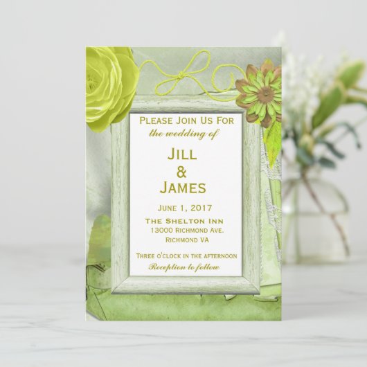 Blumengelbe und grüne Hochzeit Einladung (Stehend Vorderseite)