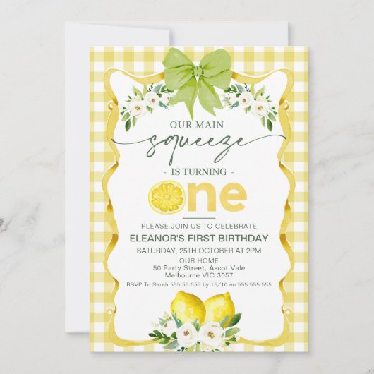Blumengelbe Zitrone Unser Hauptpresse 1. Geburtsta Einladung (Vorderseite)