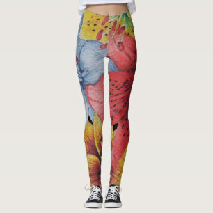 Blumengelbes rotes blaues mutiges Blumenmuster Leggings