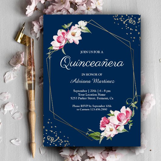Blumengeometrie Navy Blue Quinceanera Einladung