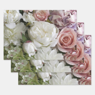 Blumengeschenkpapier mit Pfingstrose und Rosen, 3  Geschenkpapier Set