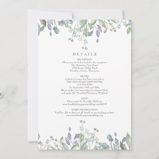 Blumengeschirr Lilac Grün in einer Hochzeit Einladung (Rückseite)