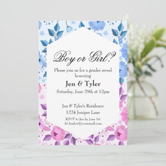 Blumengeschlecht enthüllt Schreibwaren Einladung (Stehend Vorderseite)