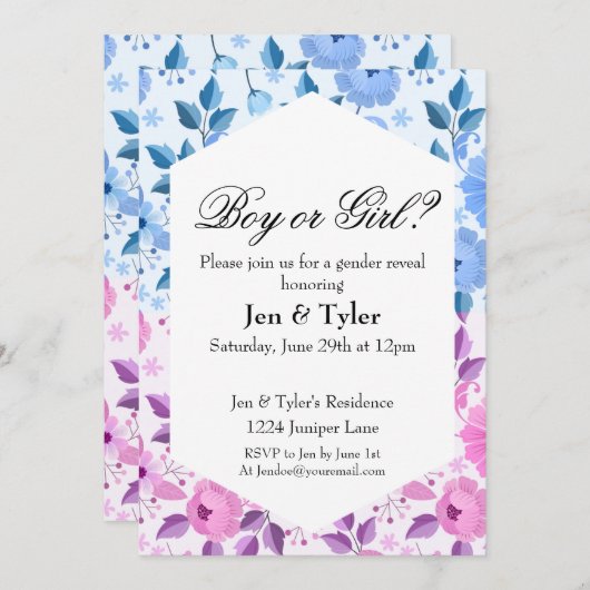 Blumengeschlecht enthüllt Schreibwaren Einladung (Vorne/Hinten)