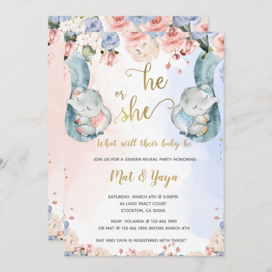 Blumengeschlecht offenbart Elephant Babydusche Einladung (Vorne/Hinten)