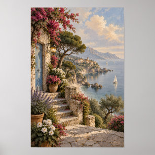 Blumengeschmückte Küsten-Terrassen- und Segelboot- Poster