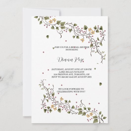 blumengeschmückte und minimalistisch grüne Reben Einladung (Vorderseite)