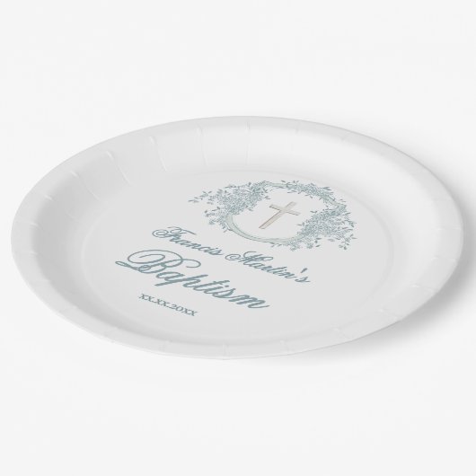 blumengeschmücktes Wappen | Taufe Pappteller (Schrägansicht)