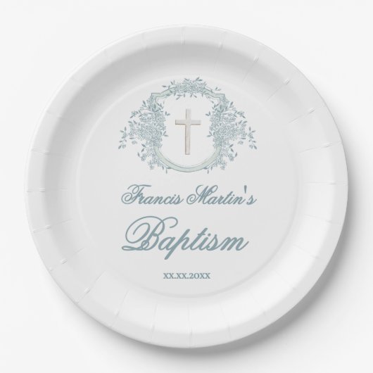 blumengeschmücktes Wappen | Taufe Pappteller (Vorderseite)