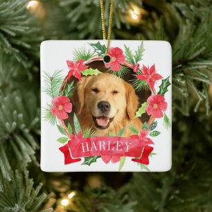 Blumengesteckter Hunde-Foto-Weihnachtsschmuck Keramikornament