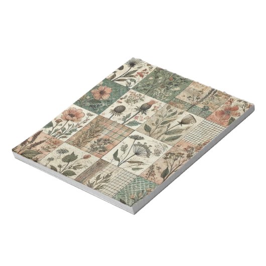 Blumengestepptes Blumenmuster mit grünem Rosa Notizblock (Rotiert)