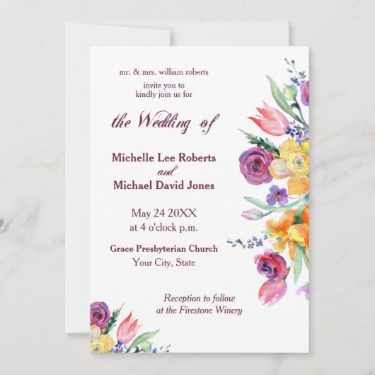 Blumengewässer auf weißer Hochzeit Einladung (Vorderseite)