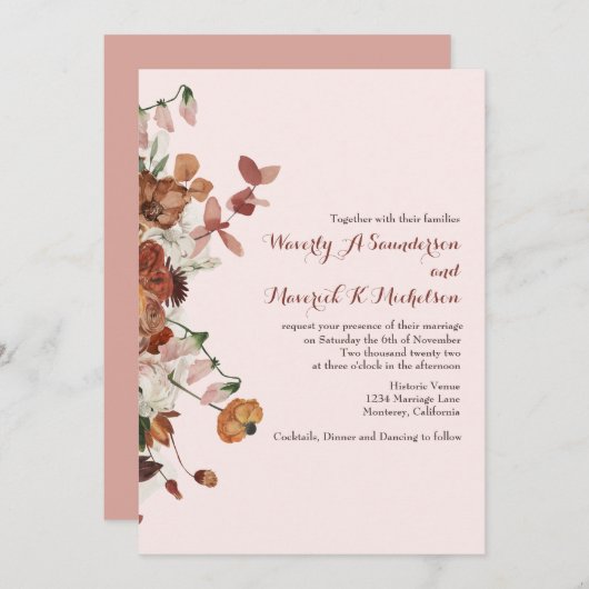 Blumengewässer Burnt Orange Dusty Rose Hochzeit Einladung (Vorne/Hinten)