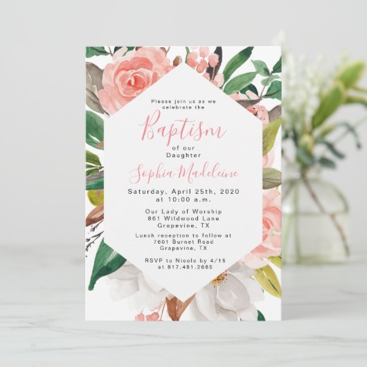 Blumengewässer Girl Taufe Einladung (Stehend Vorderseite)