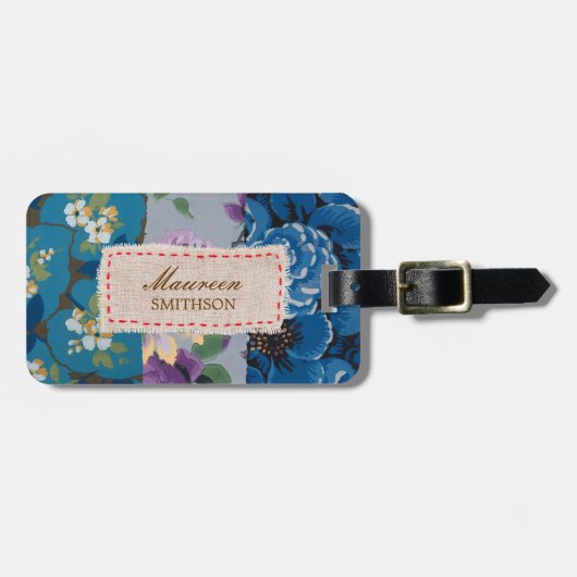 Blumengewebe-Patchwork (blau) personalisiert Gepäckanhänger (Vorderseite horizontal)