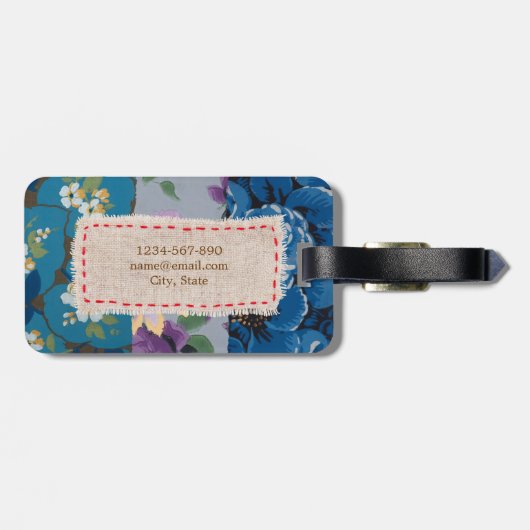Blumengewebe-Patchwork (blau) personalisiert Gepäckanhänger (Rückseite horizontal)