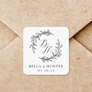 Blumengewinde-Hochzeitsinitialen-Monogramm Quadratischer Aufkleber