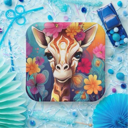 Blumengiraffe Portrait-9321 Pappteller (Party)