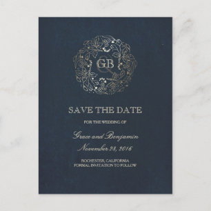 Blumengirlande Gold und Marine Vintage Save the Da Ankündigungspostkarte
