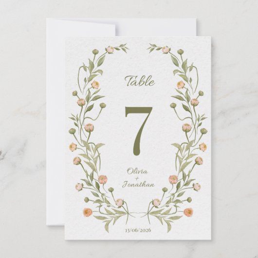 Blumengirlande Hochzeit Tischnummer – Romantische  (Vorderseite)