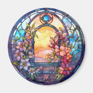 Blumengirlande mit Sonnenuntergang Faux-Buntglas Magnet