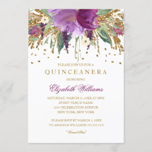 Blumenglitter Amethyst Quinceanera-Einladung Einladung