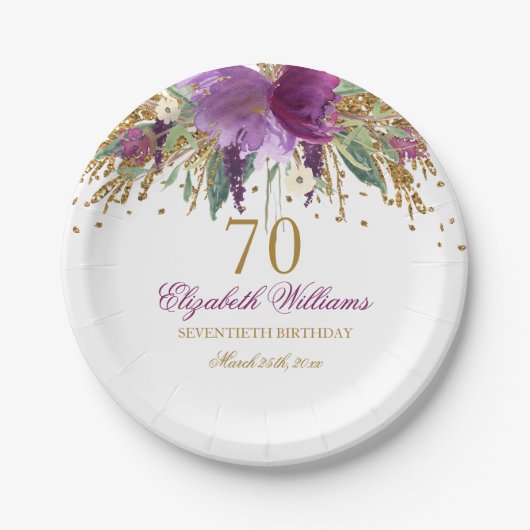 Blumenglitter funkelnder Amethyst 70. Geburtstag Pappteller (Vorderseite)
