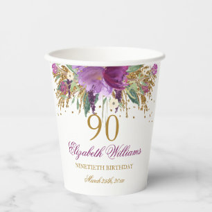 Blumenglitter Funkelnder Amethyst 90. Geburtstag  Pappbecher