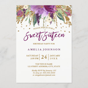 Blumenglitter funkelnder Amethyst Sweet Sixteen Einladung
